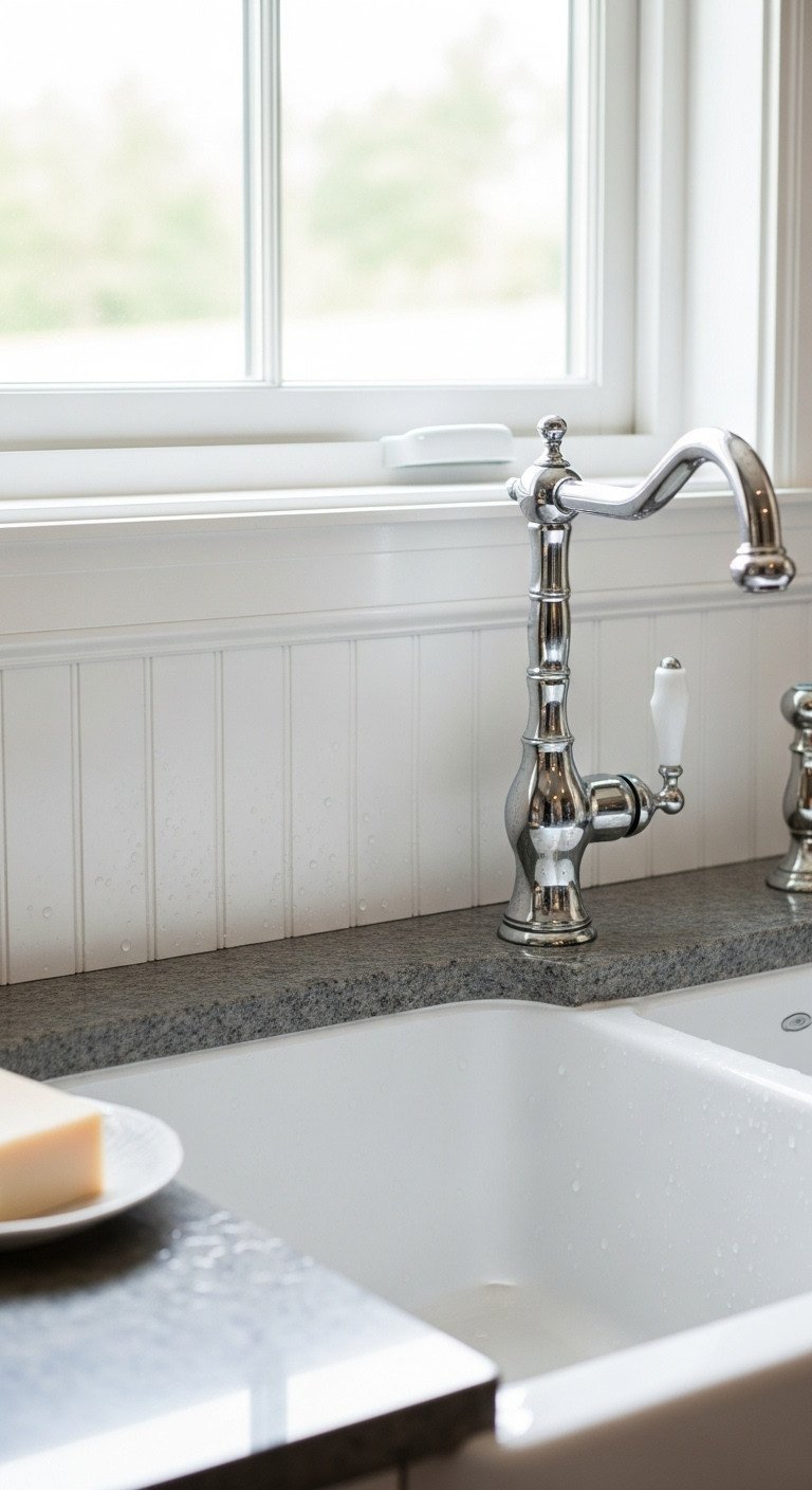 Kitchen sink with white waterproof PVC beadboard backsplash, stainless farmhouse sink, water droplets, silver faucet.