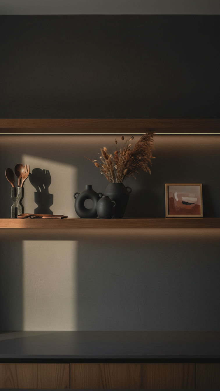 Kitchen styling with dark ceramics, sculptural piece, dried flowers on a dark wood shelf against a textured wall.
