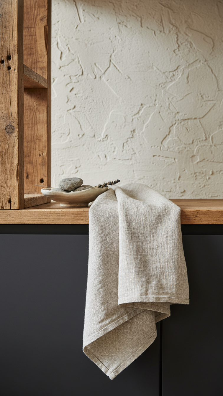 Kitchen textures: distressed wood open shelving, deeply textured plaster wall, natural woven linen, with ceramic dish.