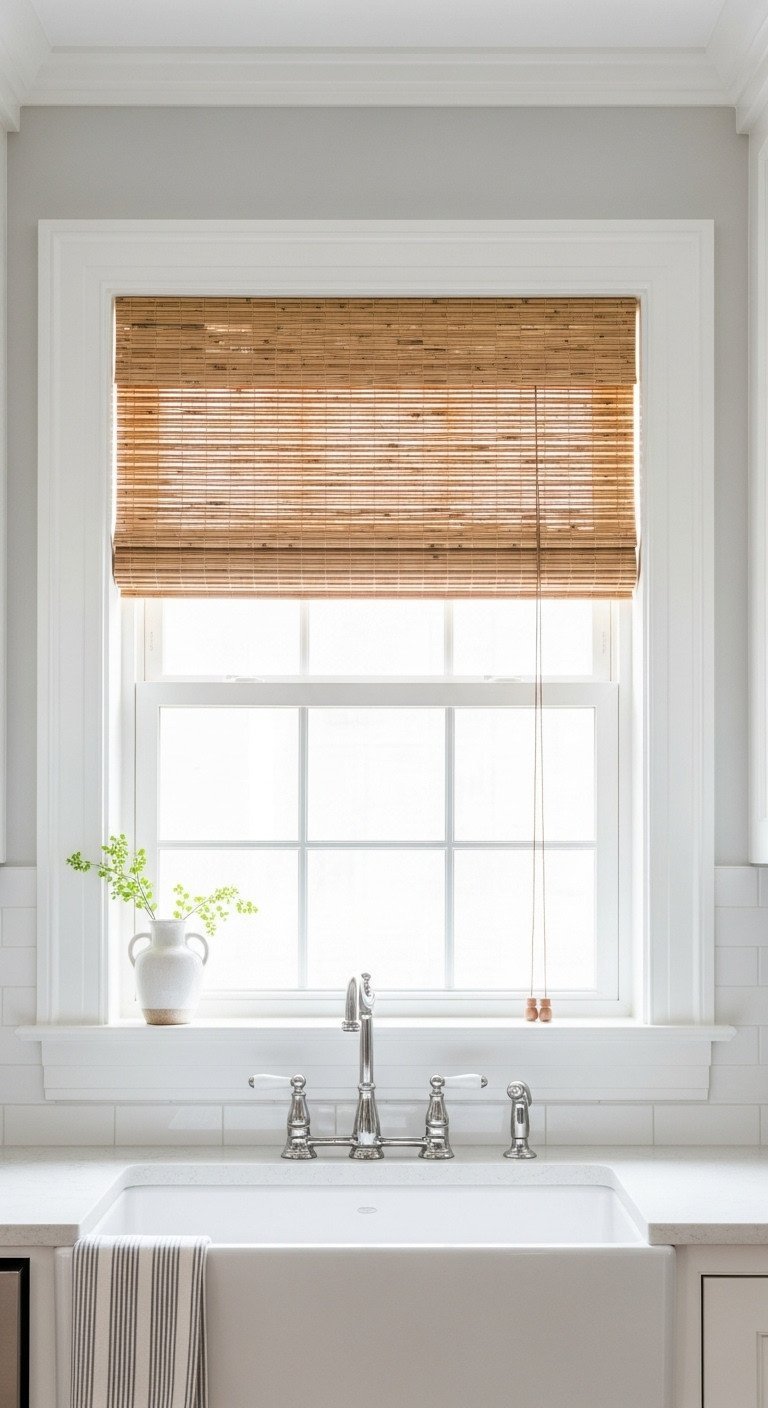 Kitchen window with white craftsman-style trim and a bamboo roman shade filtering soft light above a kitchen sink.