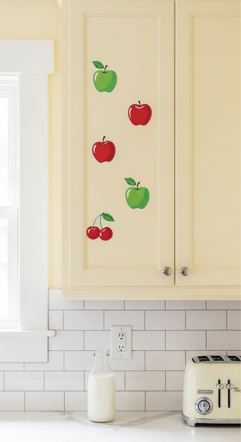 Kitschy 1950s-style cherry and apple wall decals add a pop of color to a pale yellow retro kitchen wall with white tile.