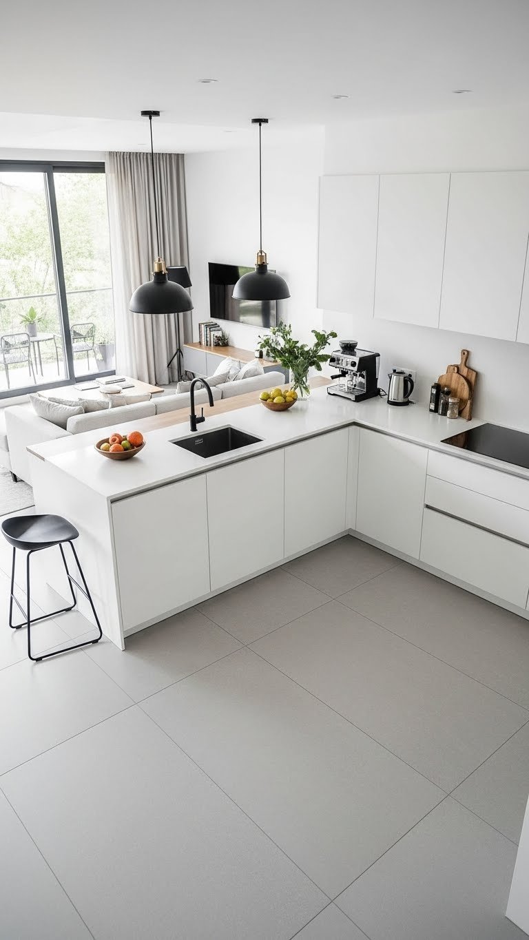 L-shaped kitchen island: ergonomic design, efficient workflow. Open concept, gray tile, white cabinets, dark metals.
