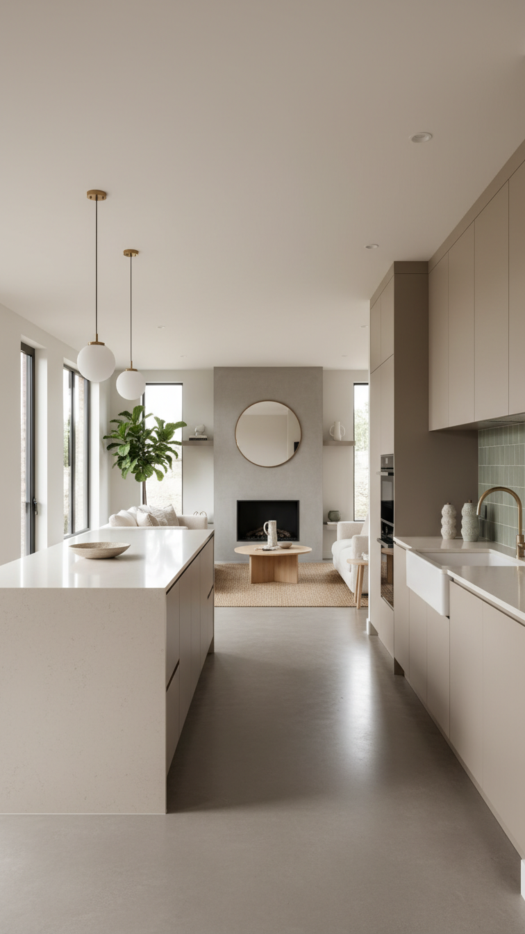 L-shaped kitchen smoothly flows into modern living room, defined by a peninsula. Open plan design, shared concrete floor, warm cream, taupe, and green tones.