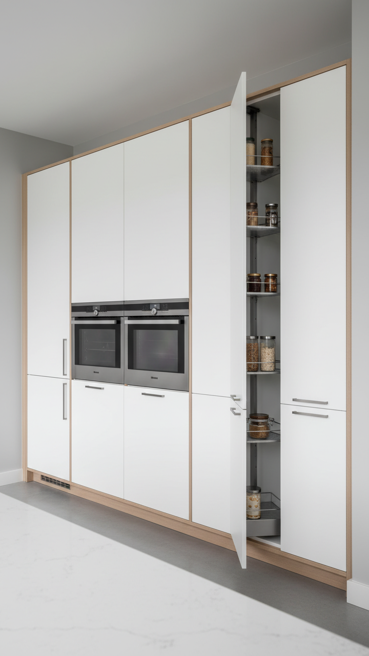 L-shaped kitchen with modern floor-to-ceiling cabinetry, integrated oven, and sleek pantry. Seamless storage, white, light wood, metallic gray design.