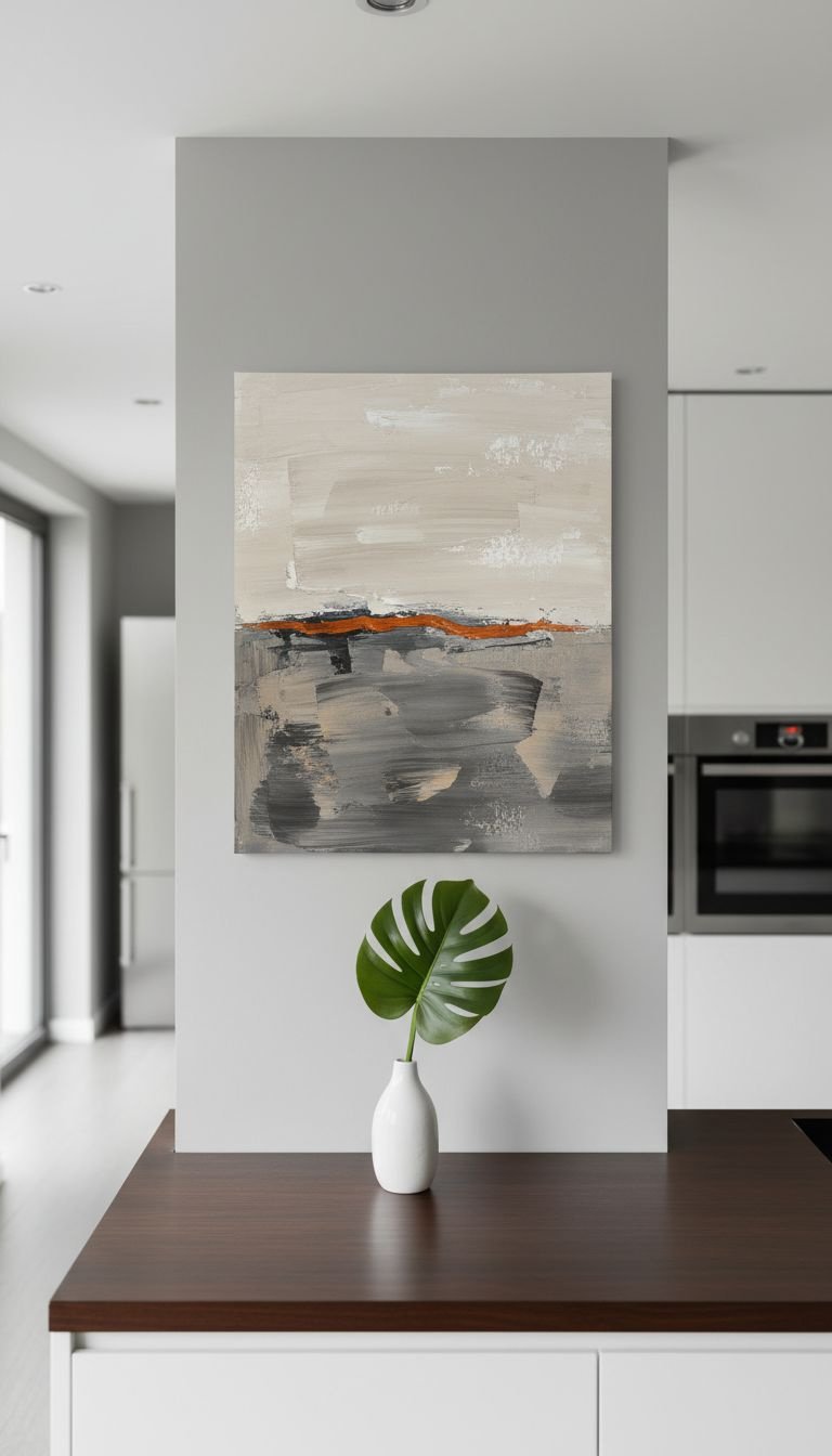 13 Minimalist Kitchen Wall Decor Ideas For Every Style 1 Large abstract canvas art with beige, gray, and orange strokes on a gray wall above a dark wood kitchen counter.