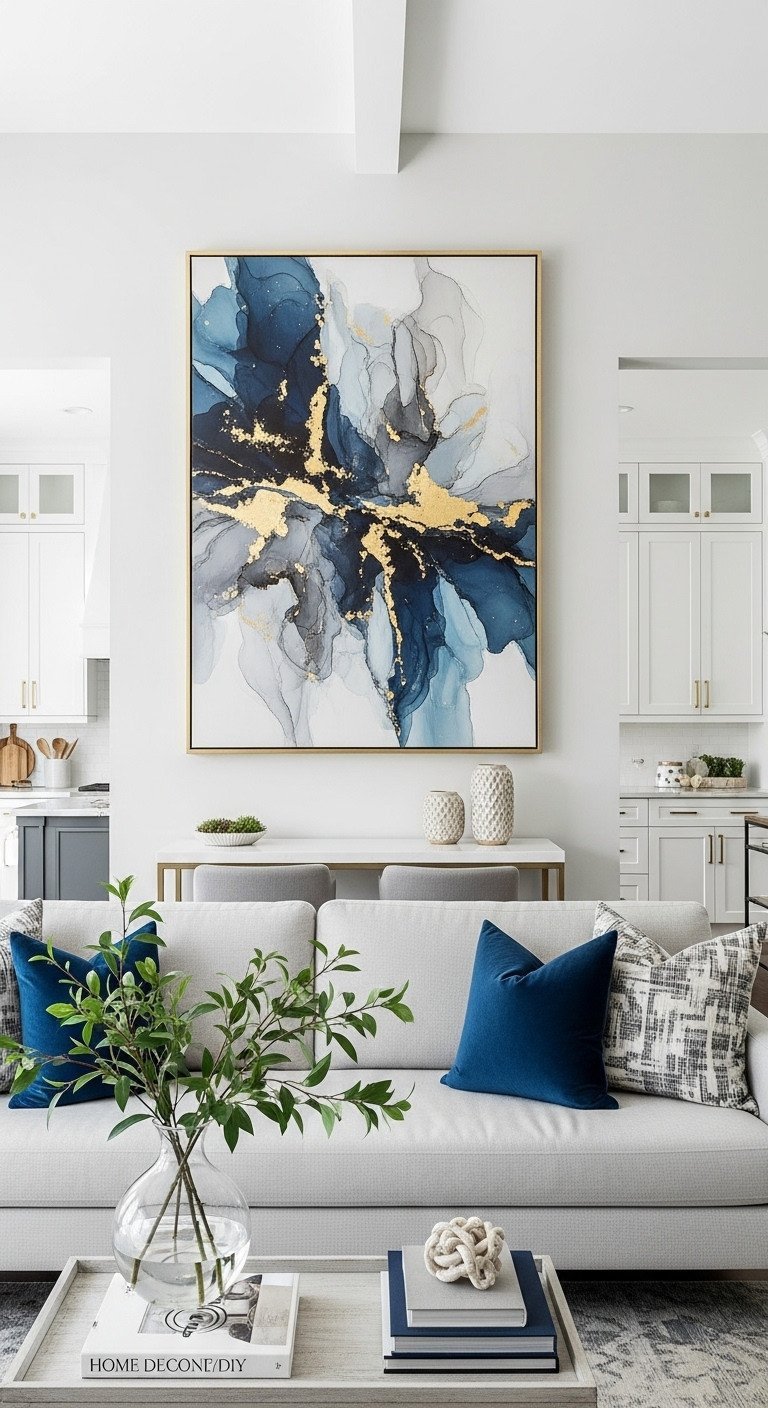 9 Stunning Home Decor Ideas For A Cohesive Living Room And Kitchen 15 Large abstract canvas art with blue and gold acts as a focal point on a living room wall above a neutral gray sofa.