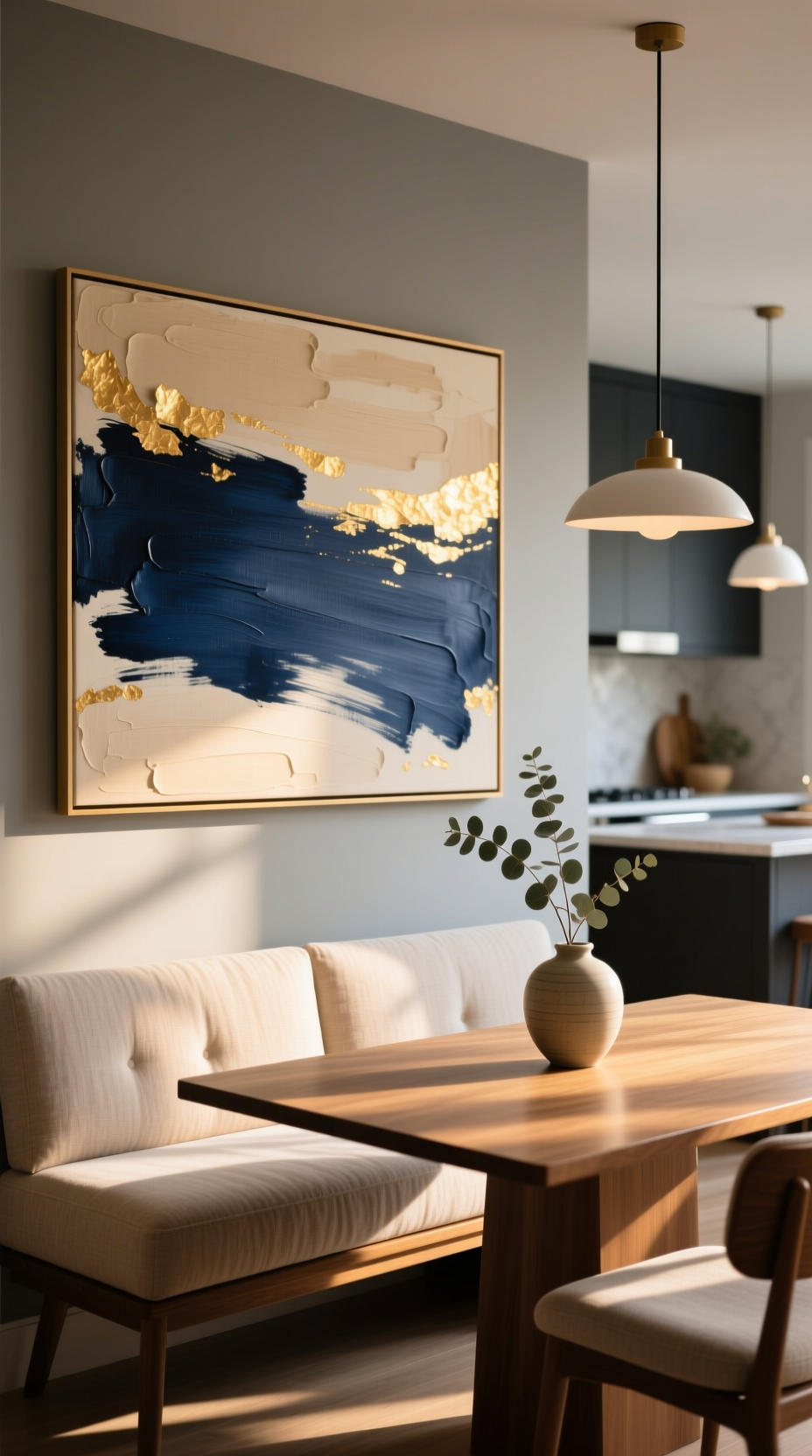Large abstract canvas art with blue, beige, and gold leaf hangs above a modern dining nook banquette with linen cushions.
