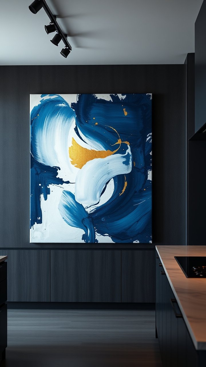 9 Brilliant Kitchen Wall Art Ideas And How To Hang Them 3 Large abstract canvas art with blue, white, and gold leaf details creating a focal point on a charcoal wall in a modern kitchen.
