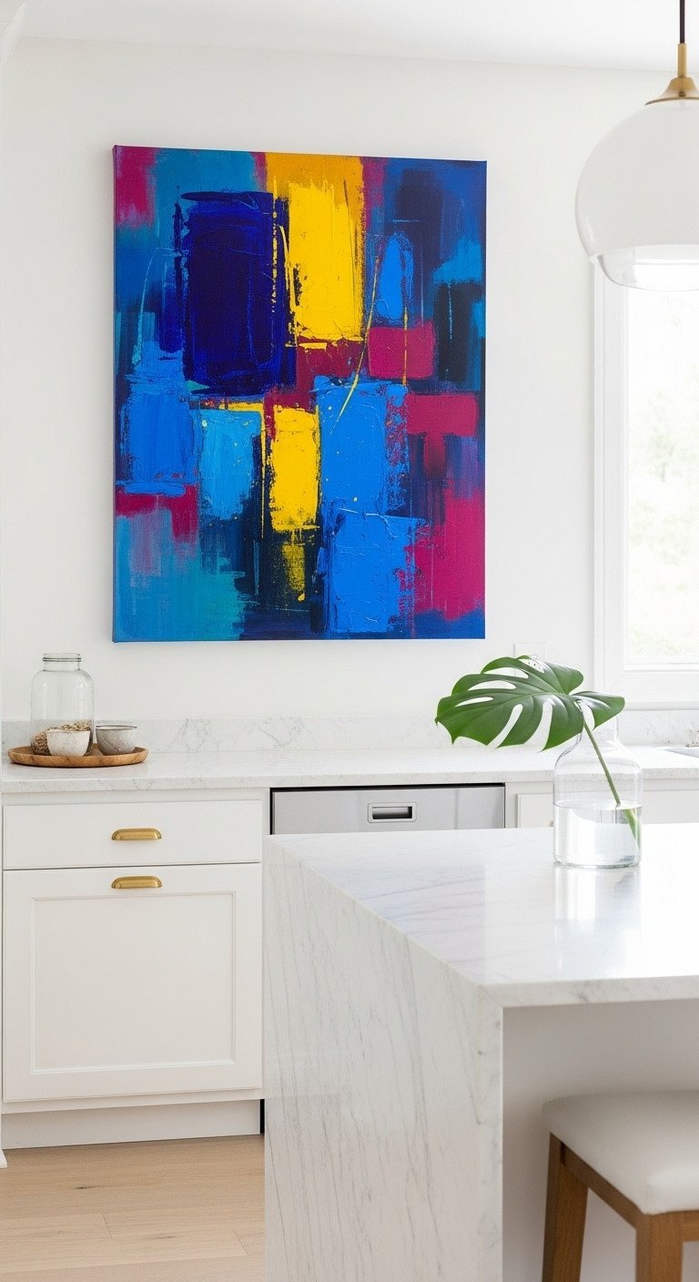 Large abstract canvas art with bold blue, yellow, and magenta strokes hanging in a minimalist modern white kitchen.