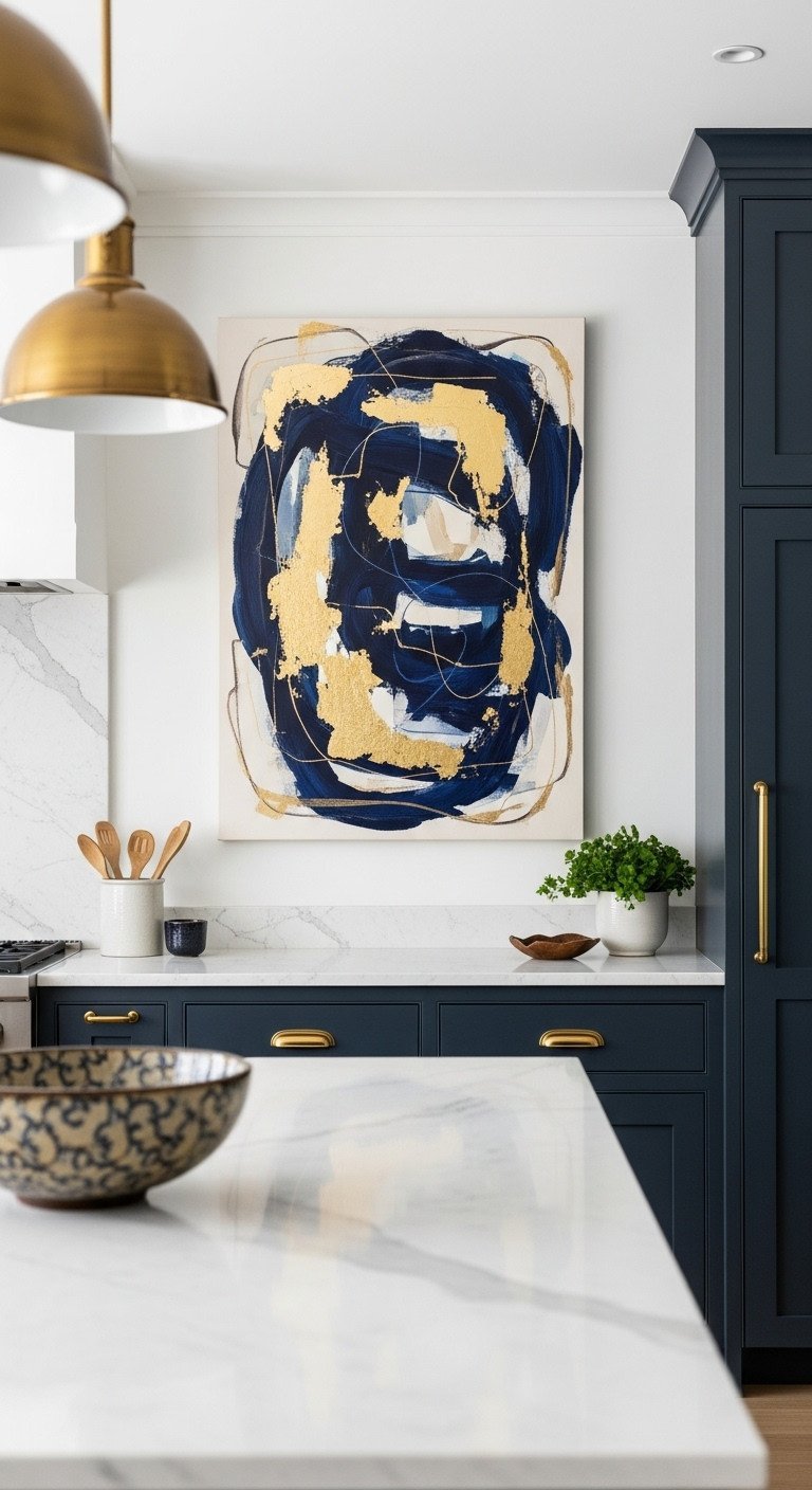 Large abstract canvas art with gold leaf and indigo strokes on a white wall in a modern kitchen with navy blue cabinets.
