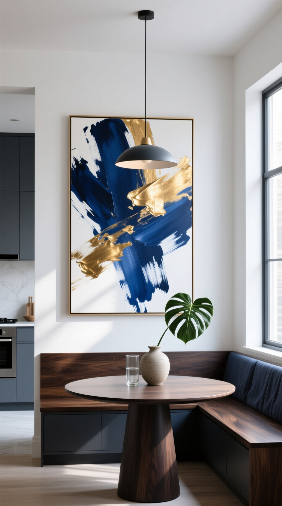 Large abstract canvas art with navy blue and gold brushstrokes on a white wall in a modern minimalist kitchen nook.