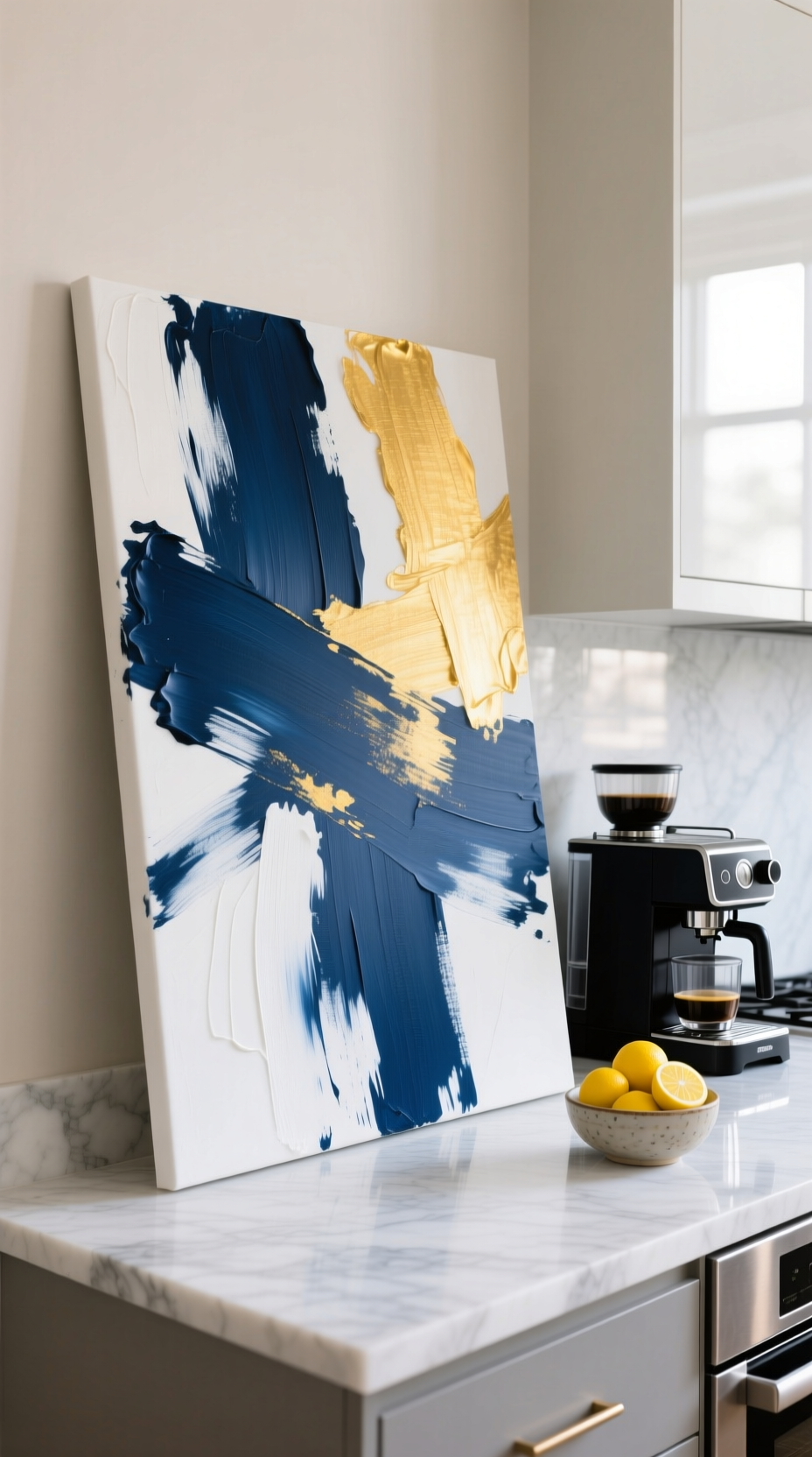 11 Genius Kitchen Wall Decor Ideas That Are Completely Damage Free 16 Large abstract canvas with blue and gold strokes leaning on a marble kitchen countertop next to an espresso machine.