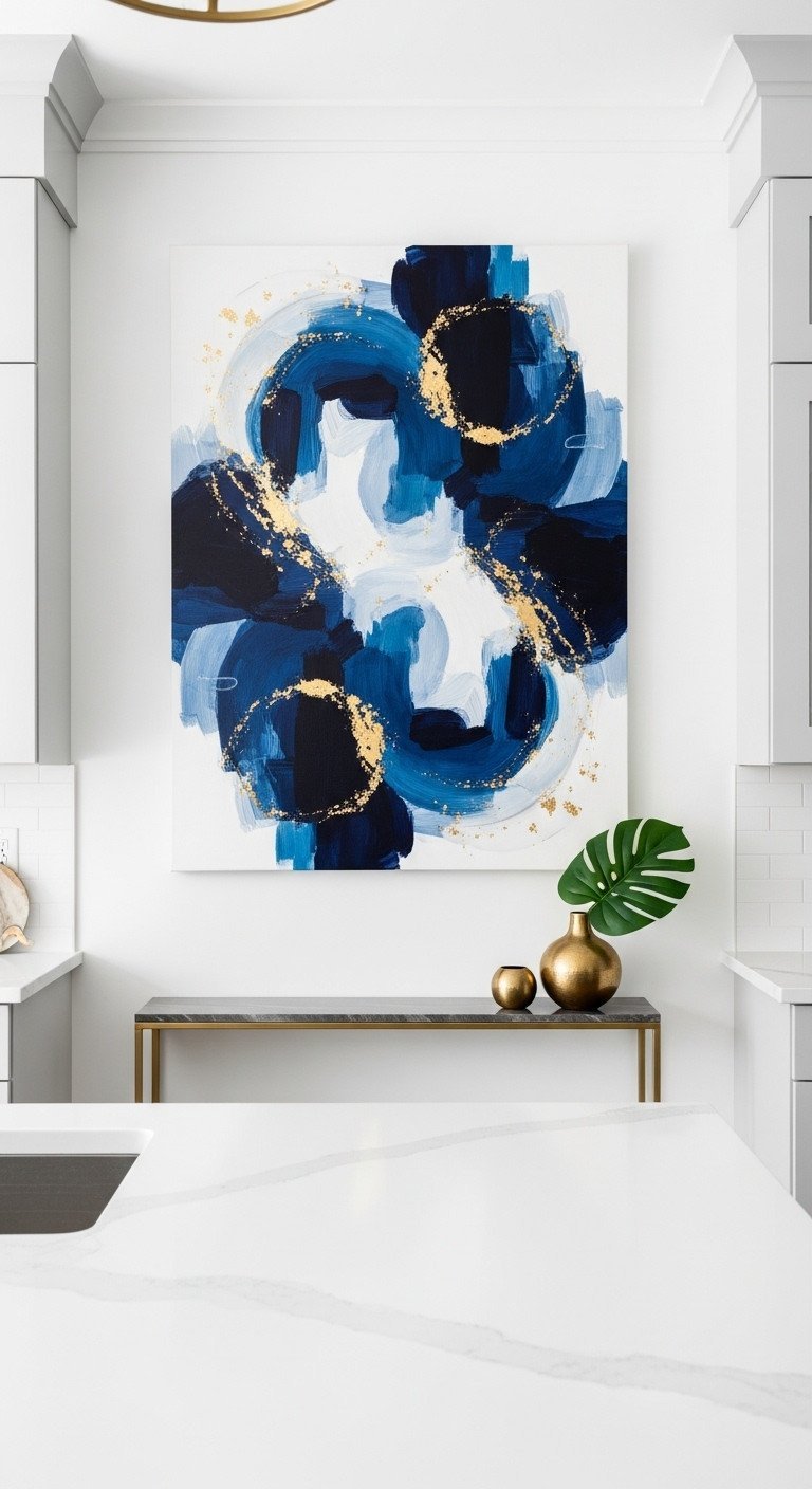 Stunning Navy Blue Kitchen Wall Decor And Styling Ideas 1 Large abstract canvas with navy blue, white, and gold leaf strokes on a white wall in a modern minimalist kitchen.