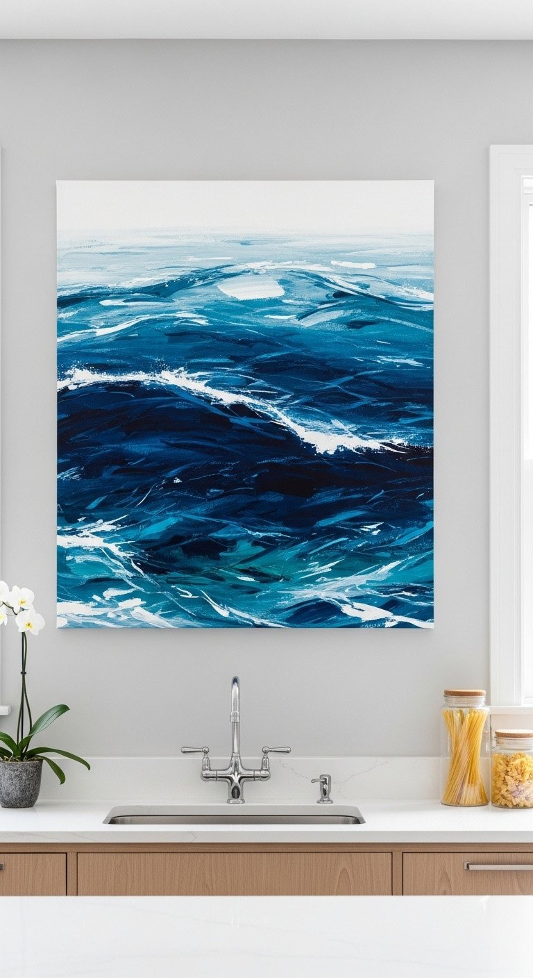 Large abstract ocean art canvas with navy blue and teal brushstrokes on a gray wall in a modern coastal kitchen.