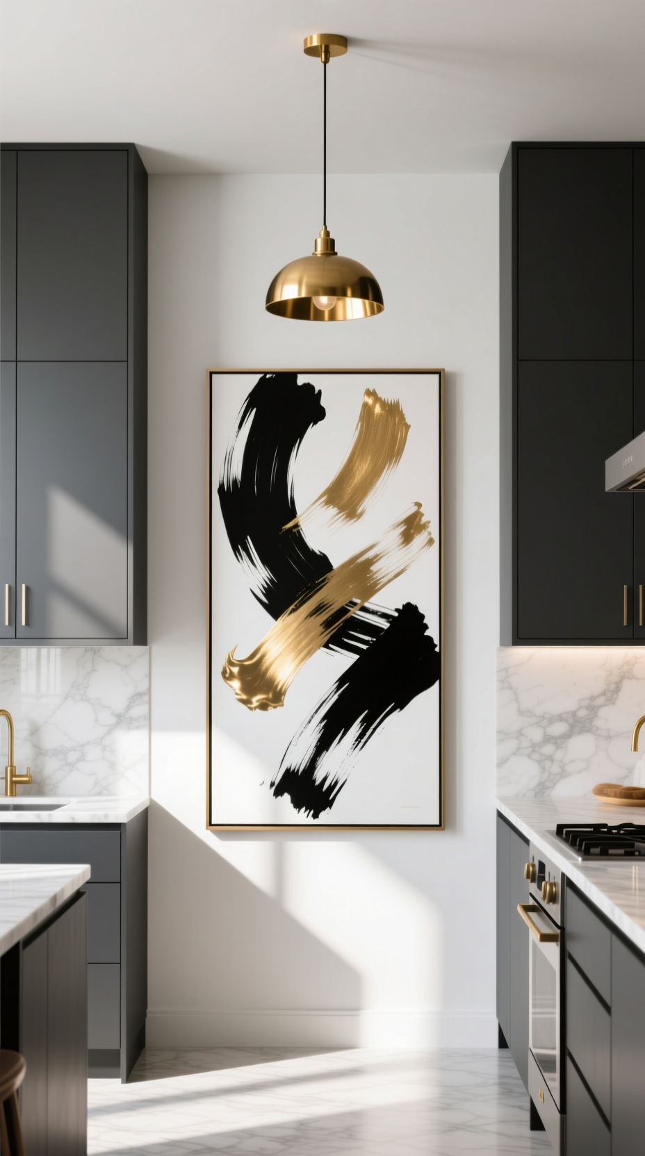 Large abstract statement art with black, white, and gold strokes on a white wall in a minimalist kitchen with gray cabinets.