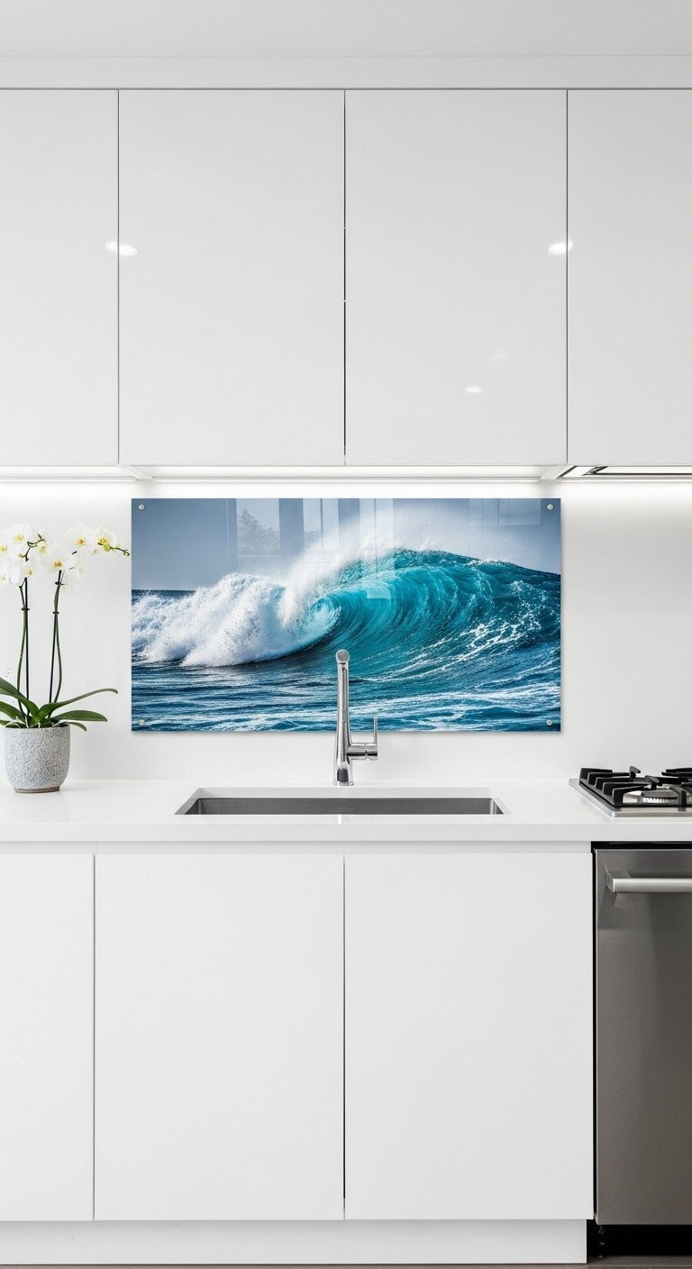 Large acrylic photo print of crashing ocean waves used as a backsplash in a modern kitchen with high-gloss white cabinets.