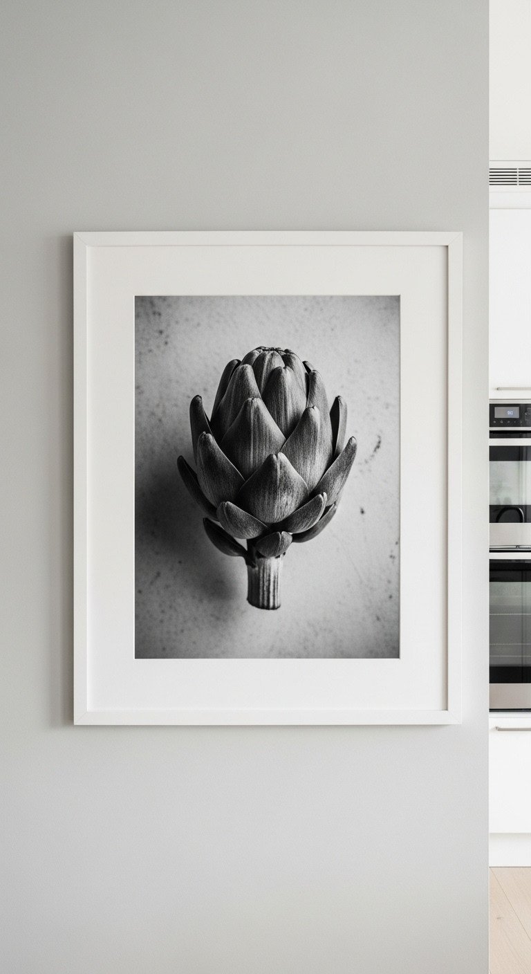 Large black and white close-up photograph of an artichoke in a thin black frame, hanging in a contemporary kitchen.
