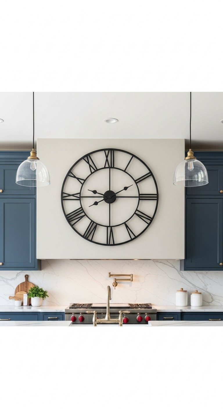 Large black metal skeleton clock with Roman numerals as a focal point on a beige wall in a transitional kitchen.