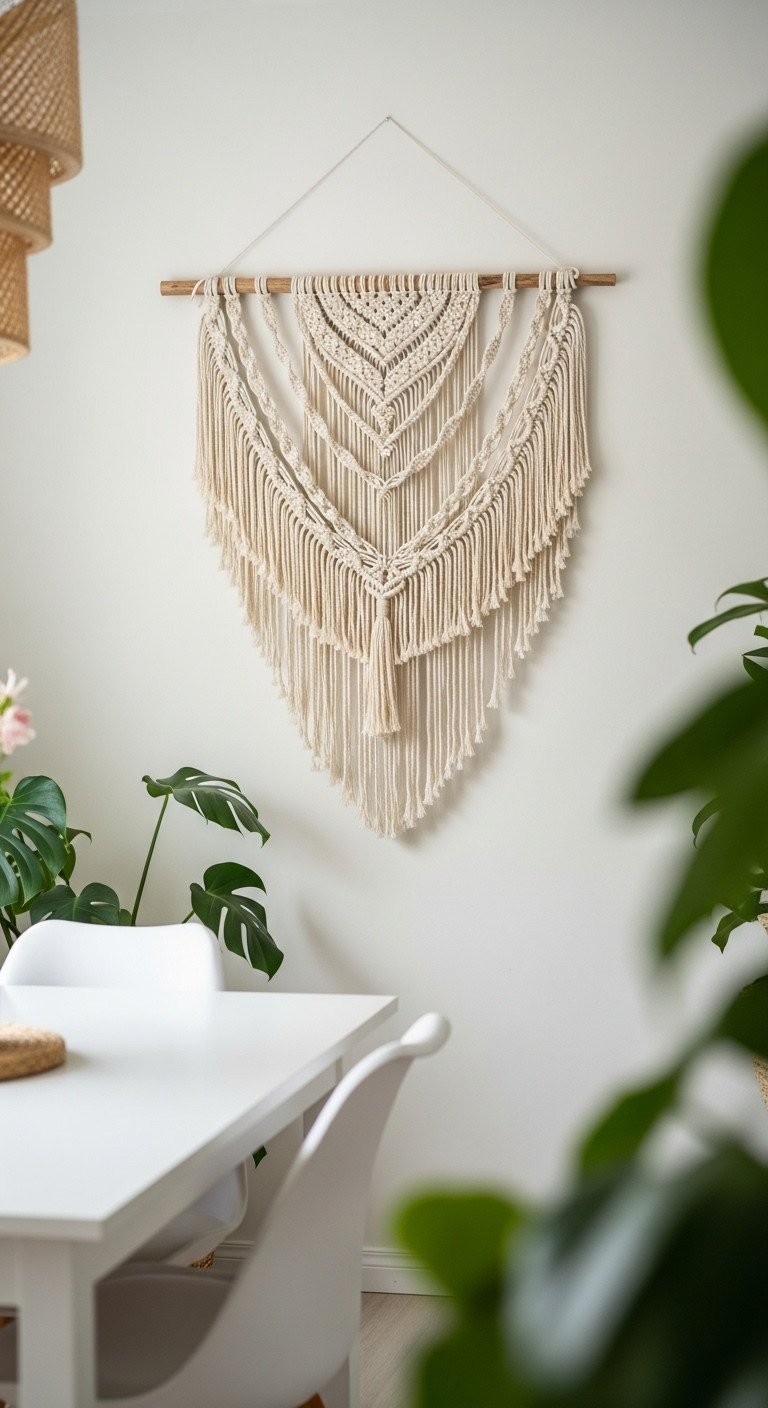 Large bohemian macrame wall hanging with intricate knots and fringe centered above a simple white table in a serene dining nook.
