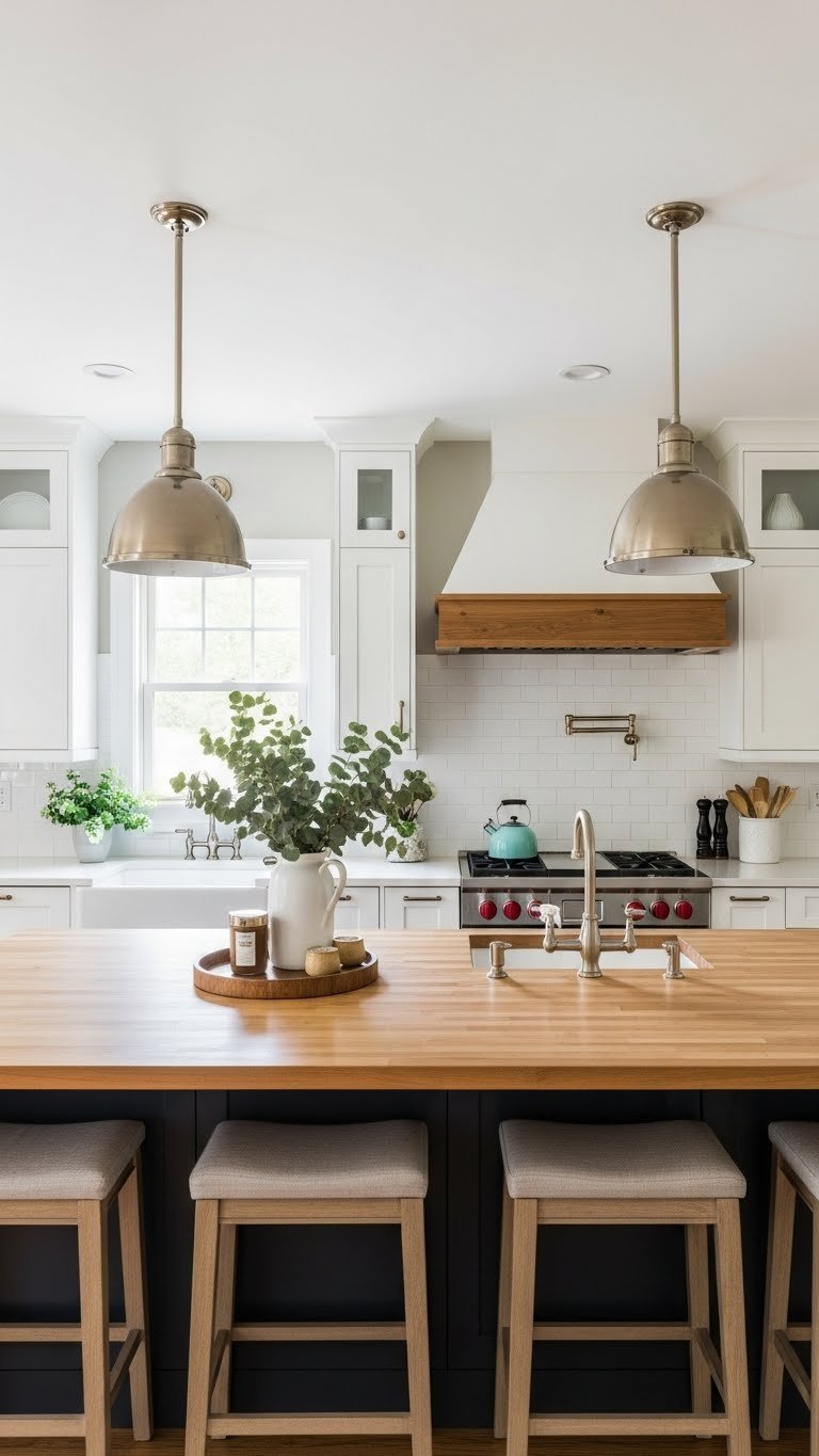 Large butcher block island with three cozy counter-height stools in an open concept farmhouse kitchen.