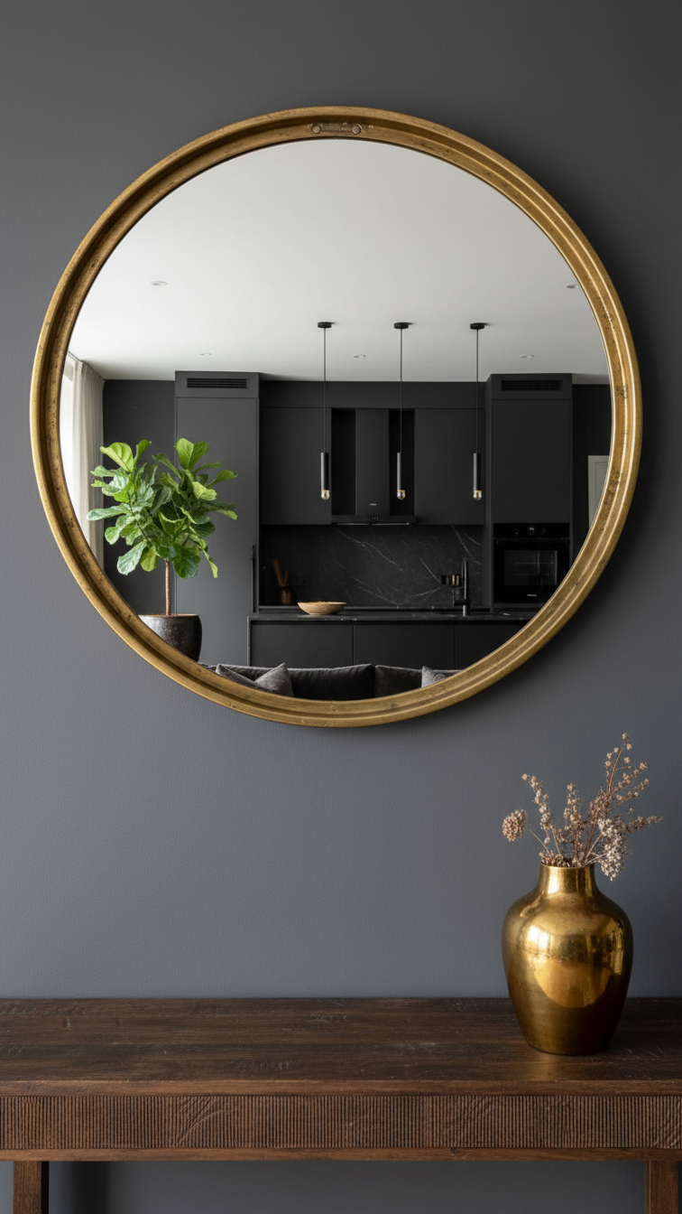 Large circular antique brass mirror reflecting dark kitchen cabinetry in a moody living room. Elegant design, metallic vase, plant.