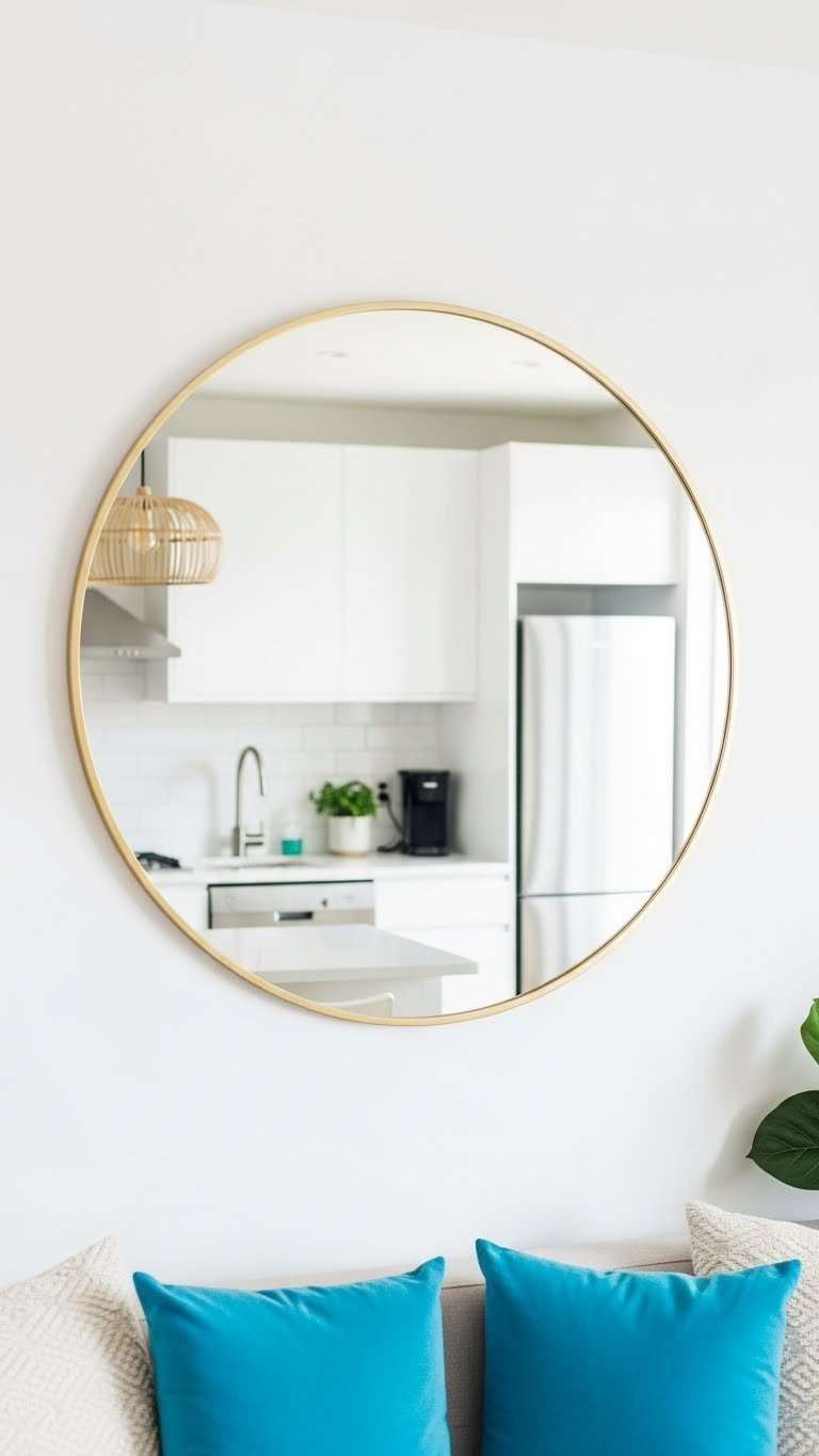 Large circular mirror reflecting bright living room, making open kitchen studio feel more spacious and airy.