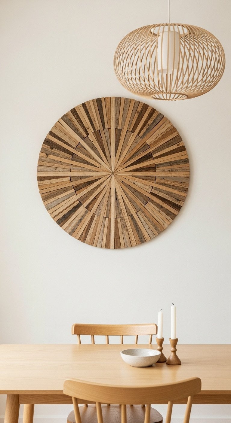 Large circular reclaimed wood wall art with a geometric pattern hanging in a cozy Japandi dining area with warm lighting.