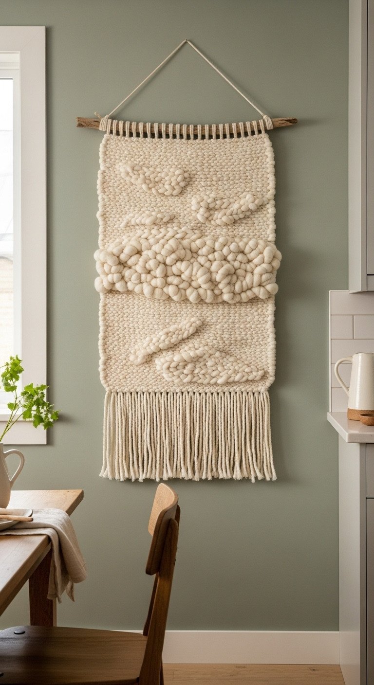 Large cream-colored woven wall hanging with fringe on a sage green kitchen wall, creating a cozy, minimalist vibe.