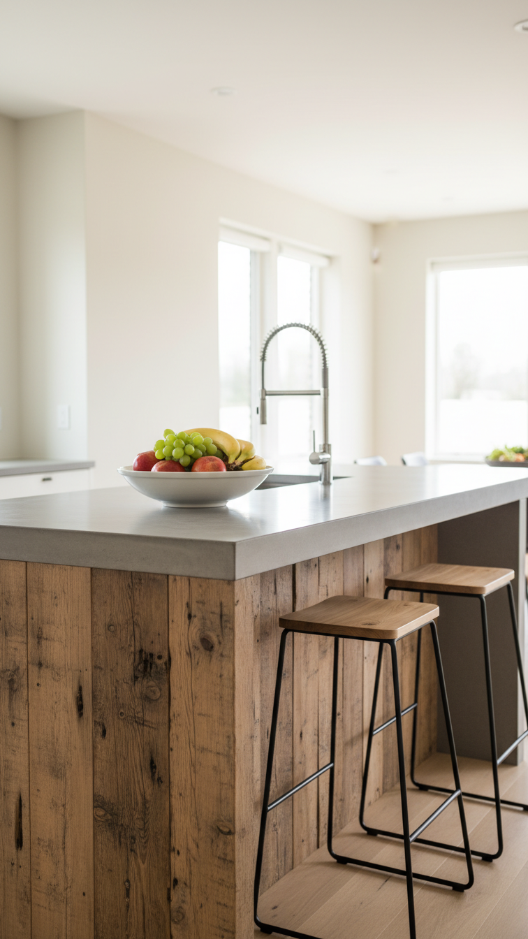 Large custom kitchen island with distressed reclaimed wood base, waterfall concrete countertop, sleek bar stools, and chrome faucet.