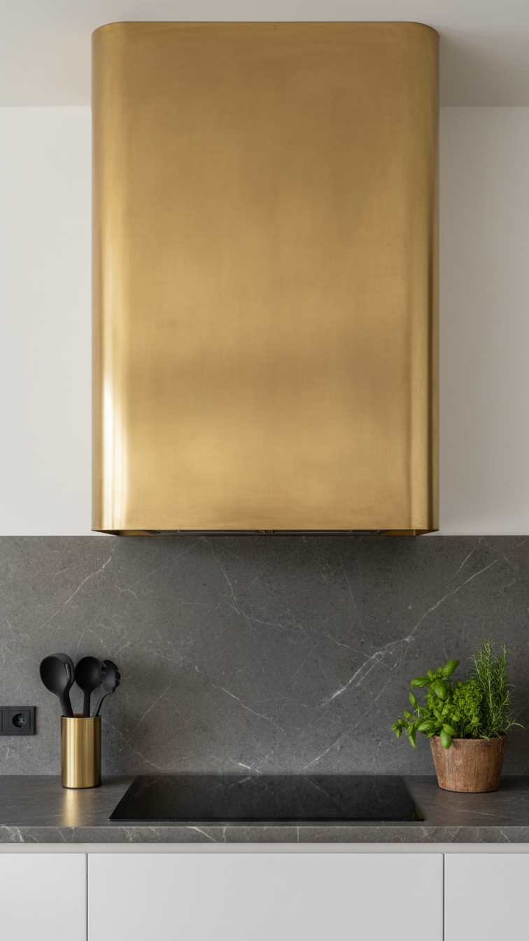 Large custom matte brass range hood above a modern stovetop, contrasting with dark stone backsplash and white cabinetry.