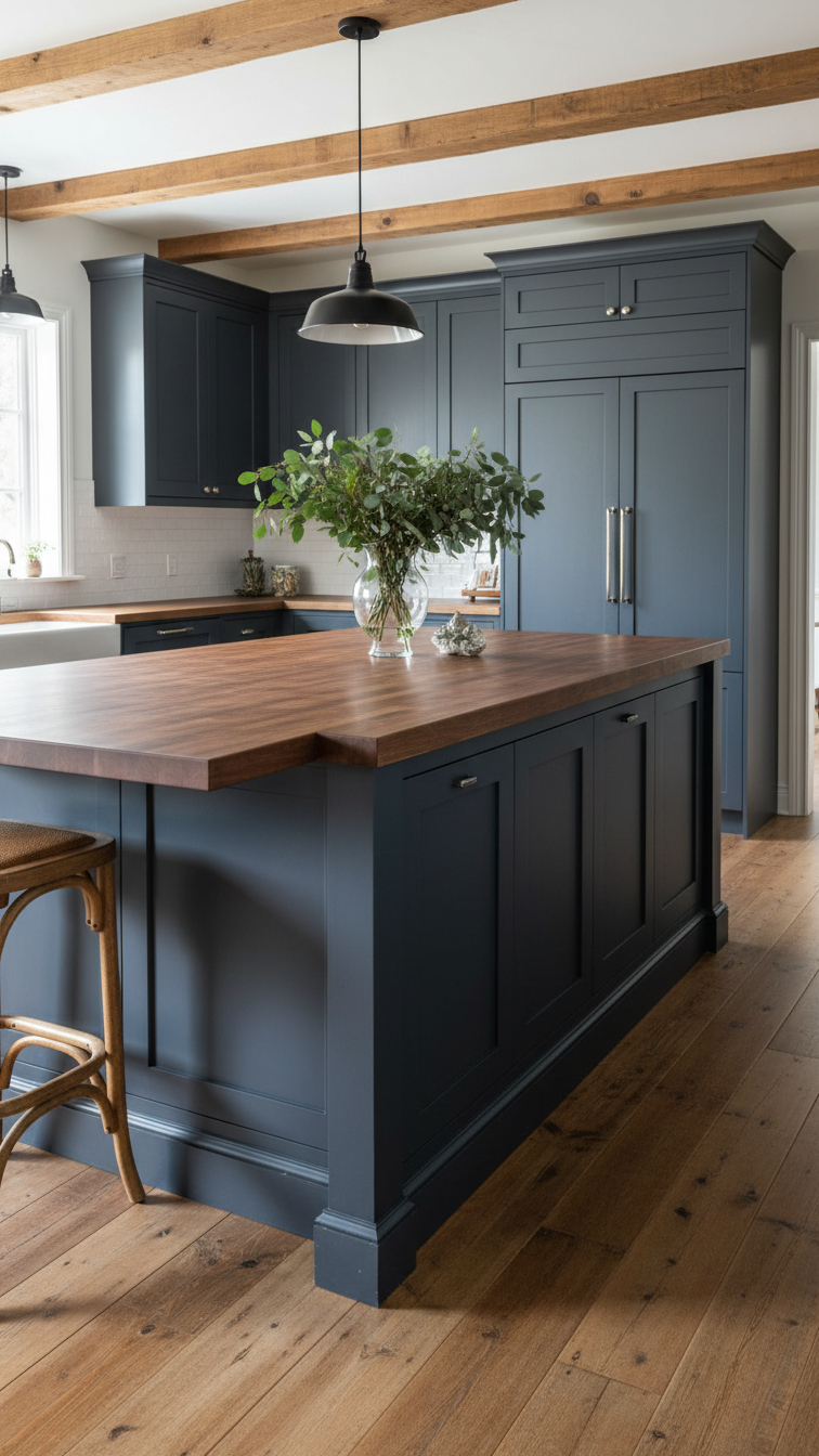 Large farmhouse kitchen island with dark walnut butcher block top and navy blue base, complemented by rustic barstools.