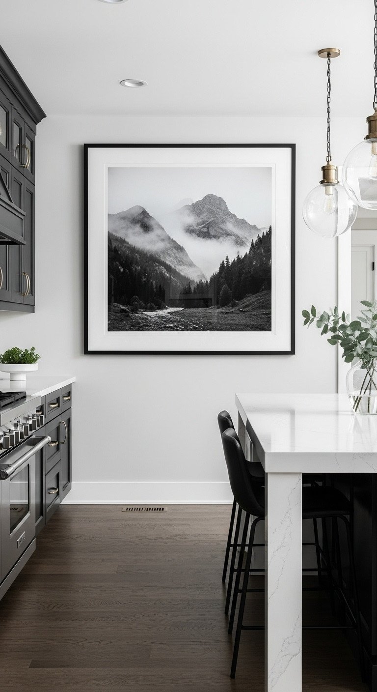 Large framed black and white photo of a misty mountain landscape in a modern kitchen with black cabinets and a quartz island.