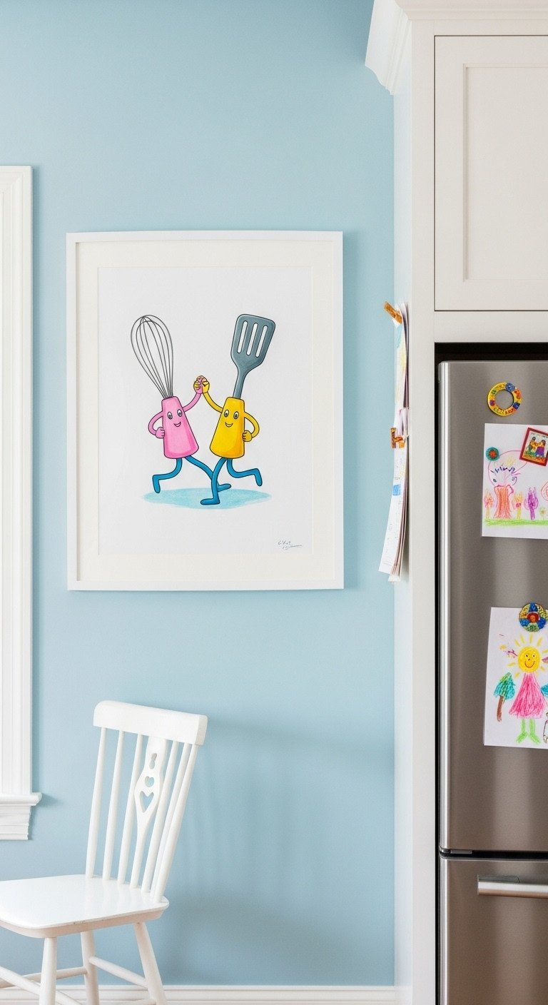 Large framed print of a whimsical illustration of a dancing whisk and spatula on a light blue wall in a family kitchen.