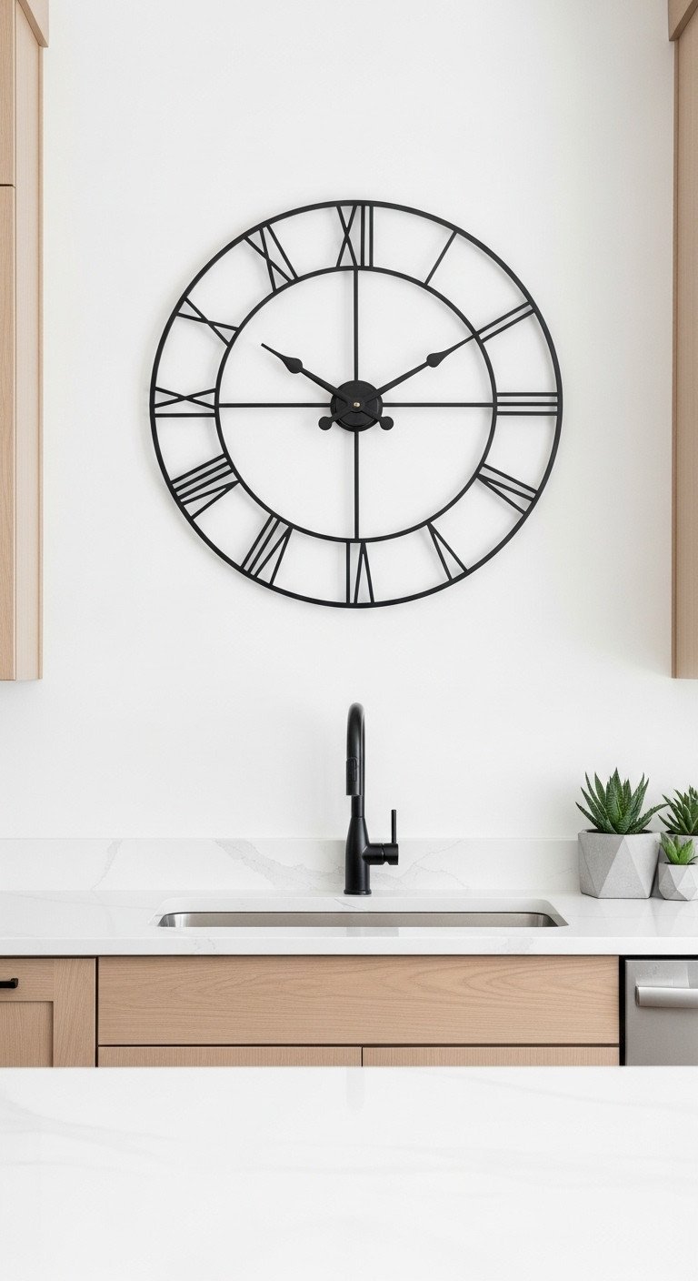 Large frameless black metal clock on a white wall in a minimalist kitchen with light wood cabinets and a quartz countertop.