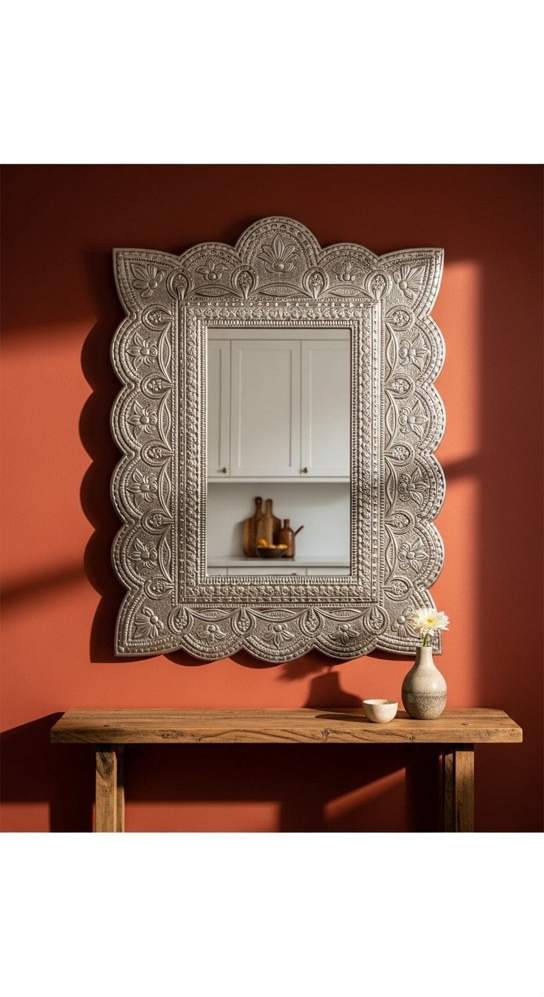 11 Stunning Mexican Kitchen Decor Ideas For A Tasteful Home 5 Large handcrafted Mexican punched-tin mirror with an embossed floral frame hanging on a deep terracotta-colored wall.
