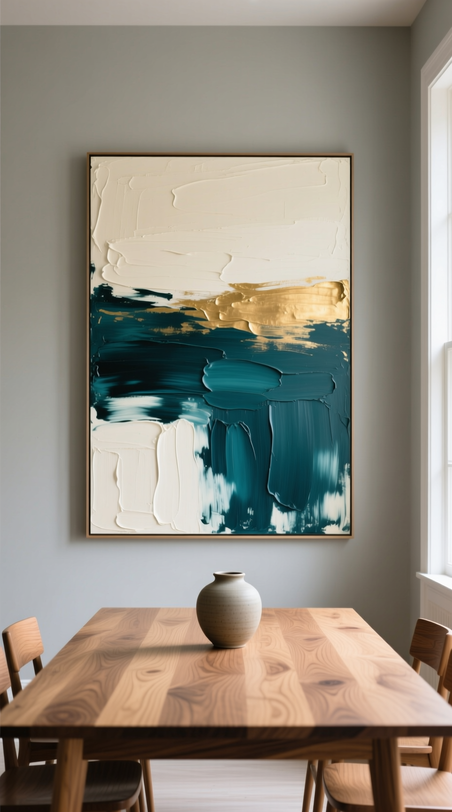 Kitchen Wall Decor That Looks Perfect Above Your Table 1 Large horizontal abstract canvas painting in deep teal, cream, and gold hanging above a minimalist oak dining table.