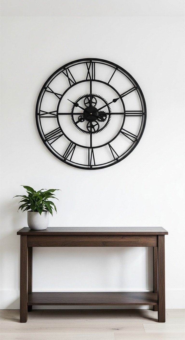 Large industrial wall clock with a black metal frame and exposed gears hanging on an off-white wall above a console table.