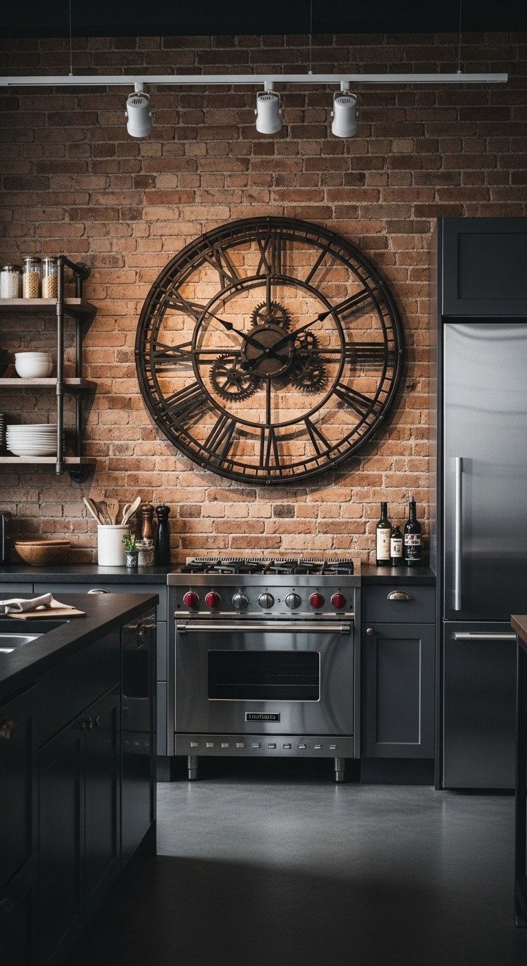 Large industrial wall clock with exposed gears, made of dark raw metal, on a textured exposed brick kitchen wall.