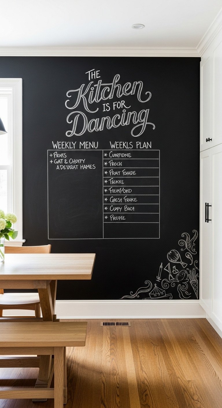 Large kitchen chalkboard wall with a hand-lettered menu and doodles, with a wooden dining table and bench set in front.