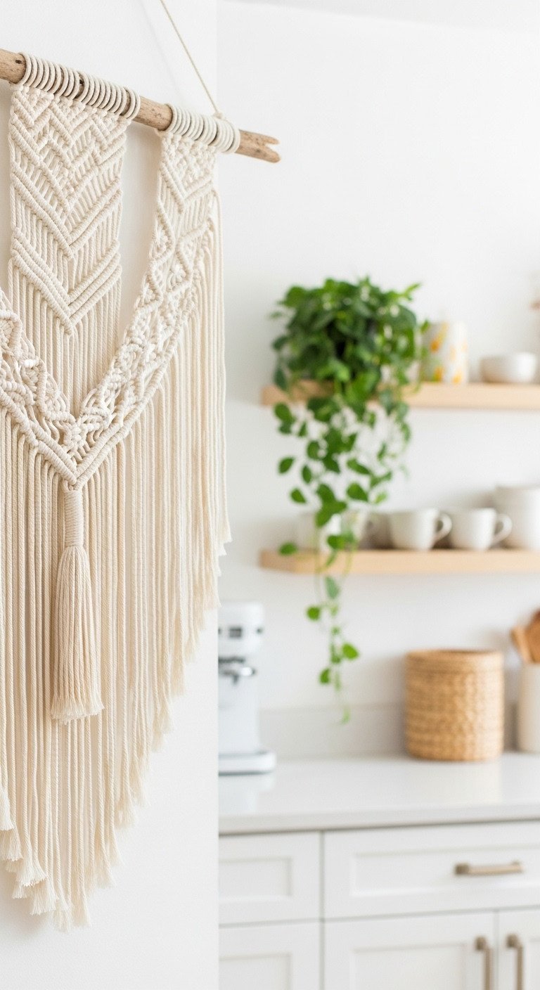 Large macrame wall hanging on a driftwood branch over light wood shelves in a bright, boho-style kitchen decor.