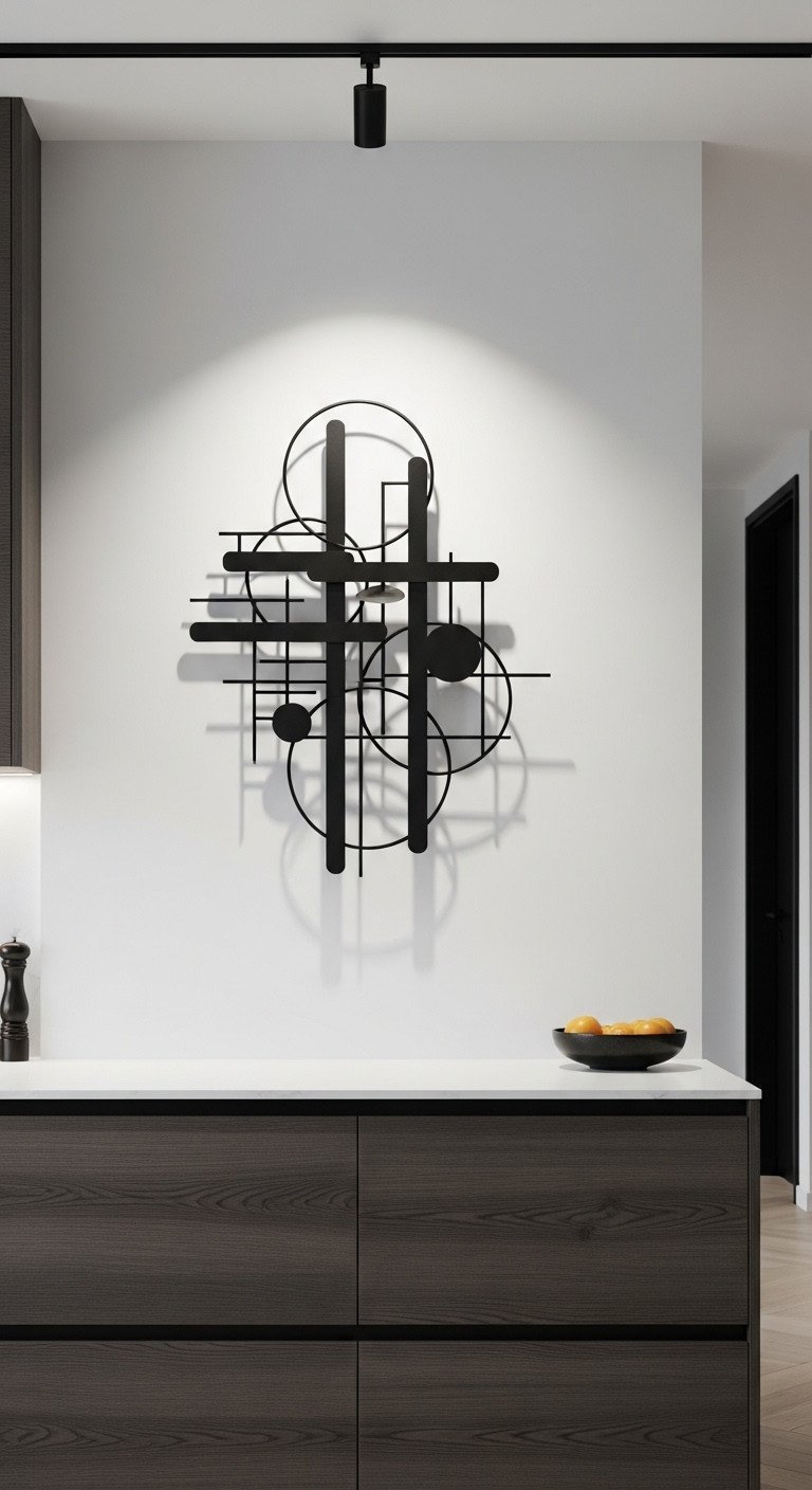 Large matte black abstract metal wall sculpture with geometric lines hanging in an ultra-modern kitchen with wood cabinets.