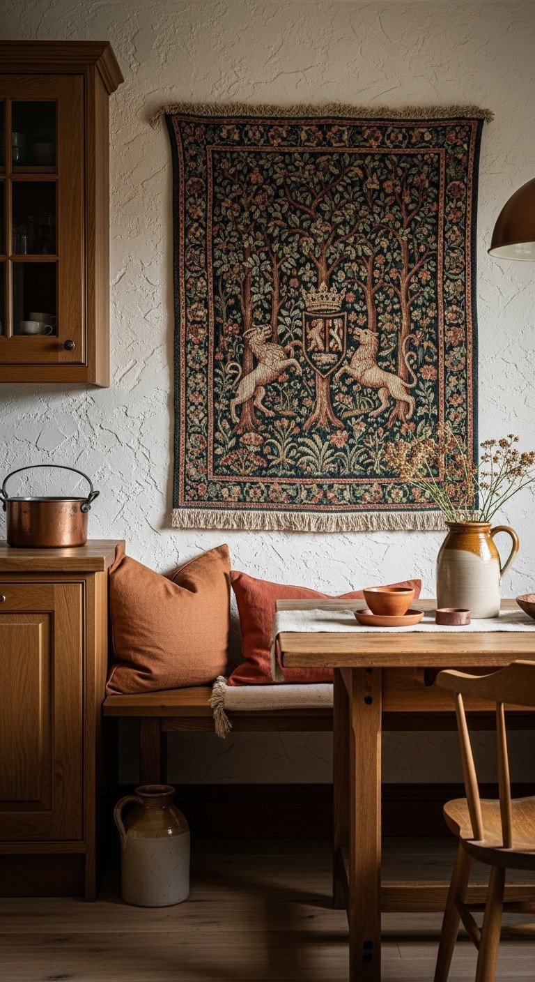 Large medieval-style tapestry with a forest scene and heraldic animals hanging on a rustic kitchen's plaster wall.
