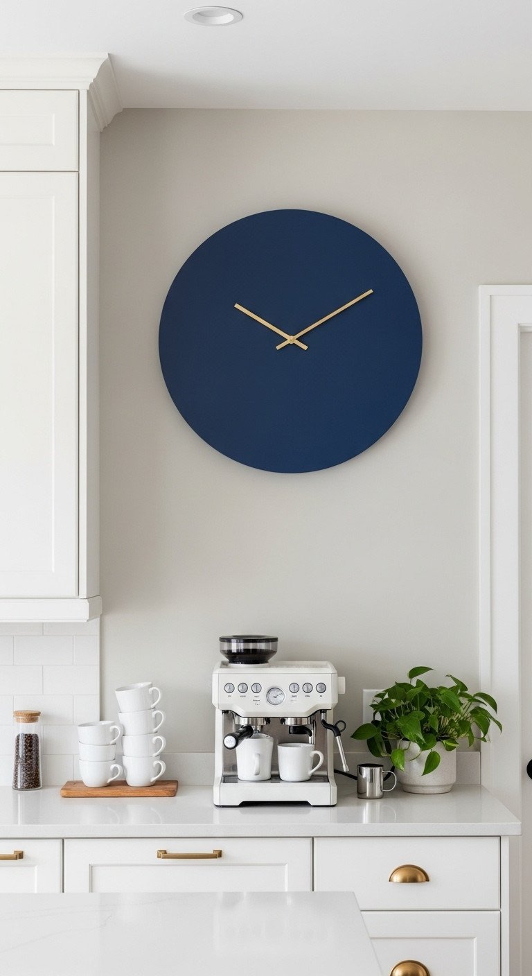 Stunning Navy Blue Kitchen Wall Decor And Styling Ideas 9 Large minimalist wall clock with a navy blue face and gold hands on a greige wall above a kitchen coffee bar.