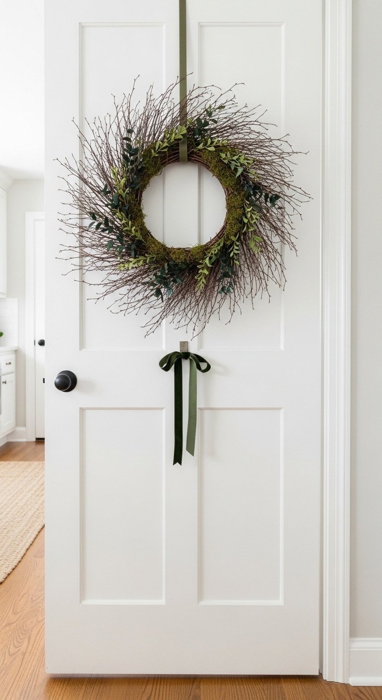 Large natural fiber wreath with moss and foliage on a white kitchen pantry door. Rustic modern farmhouse decor.