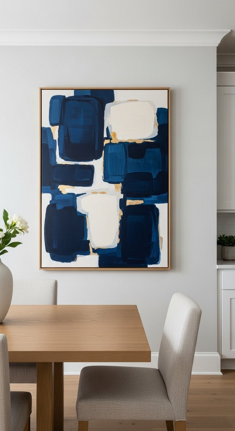 Large navy blue and gold abstract canvas painting hung on a gray wall above a modern oak dining table in a serene kitchen.