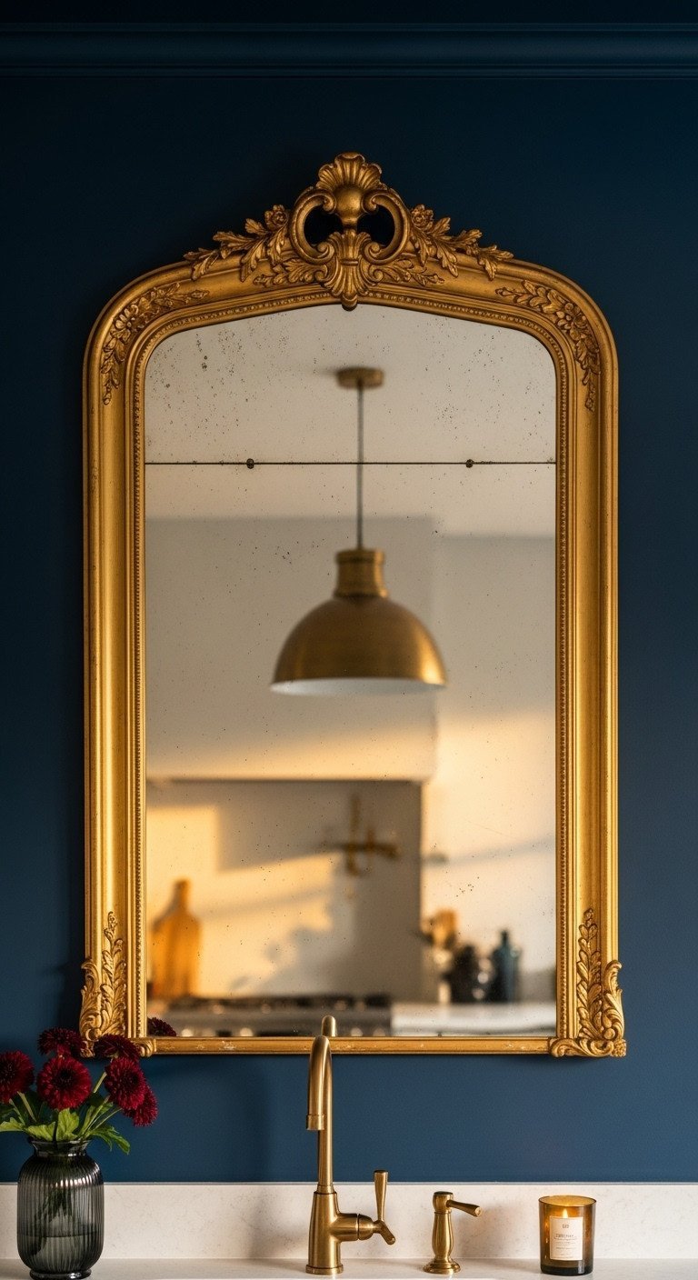 Large ornate gilded mirror on a navy blue kitchen wall reflecting a brass pendant, with a vase of red flowers on the counter.