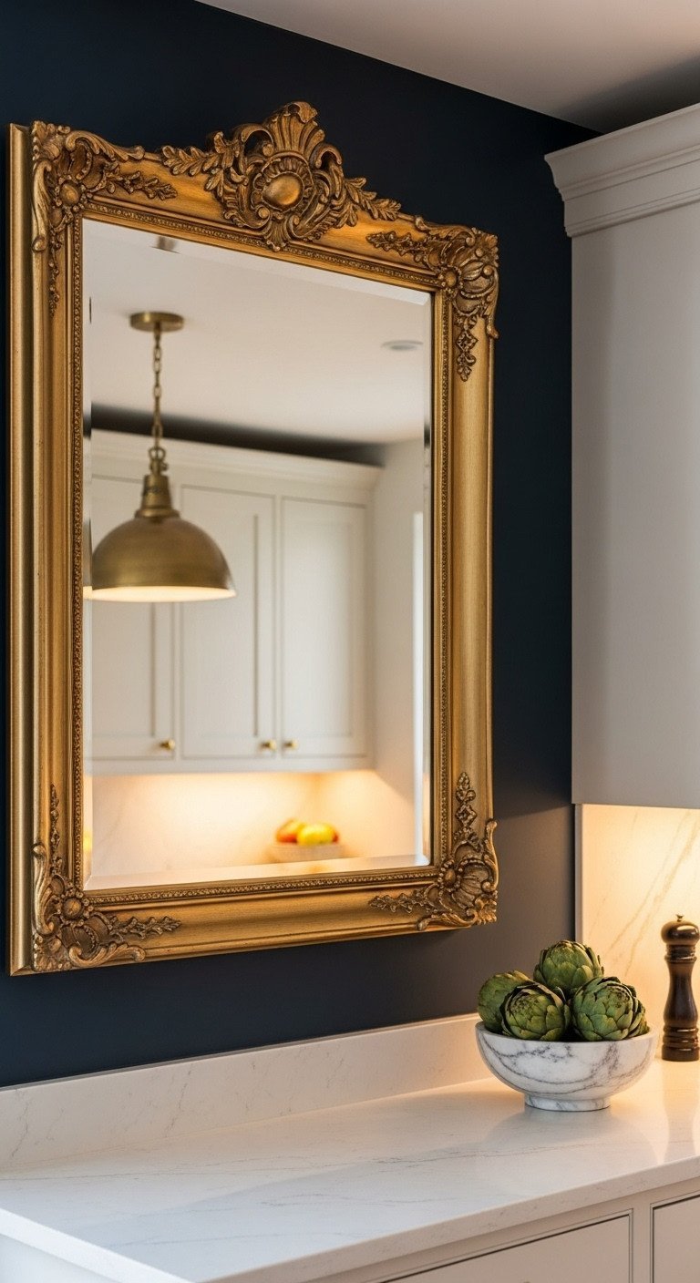 Large ornate vintage gold mirror hanging on a navy blue accent wall in a classic kitchen with cream shaker cabinets.