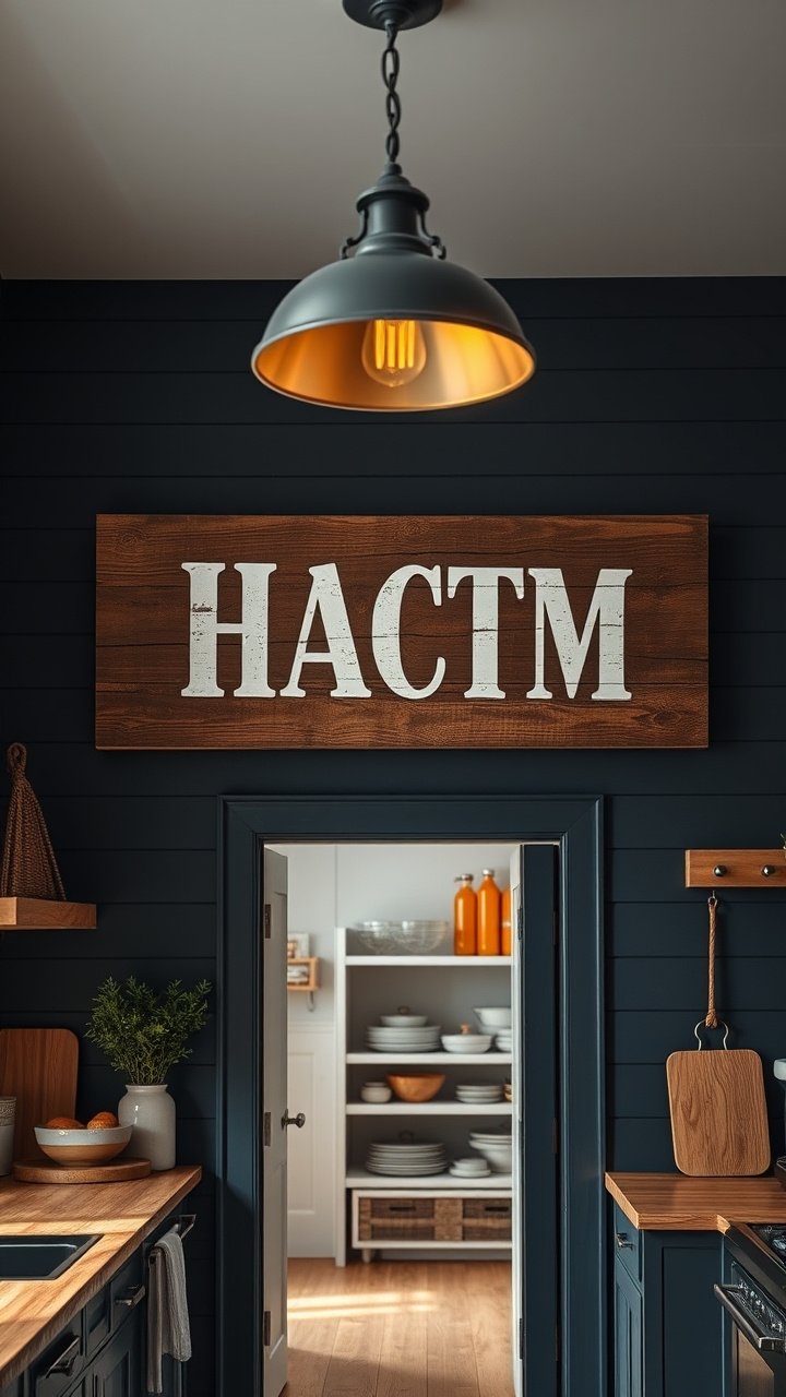 9 Brilliant Kitchen Wall Art Ideas And How To Hang Them 11 Large reclaimed wood sign with distressed white lettering hangs on a navy blue shiplap wall in a cozy, rustic farmhouse kitchen.