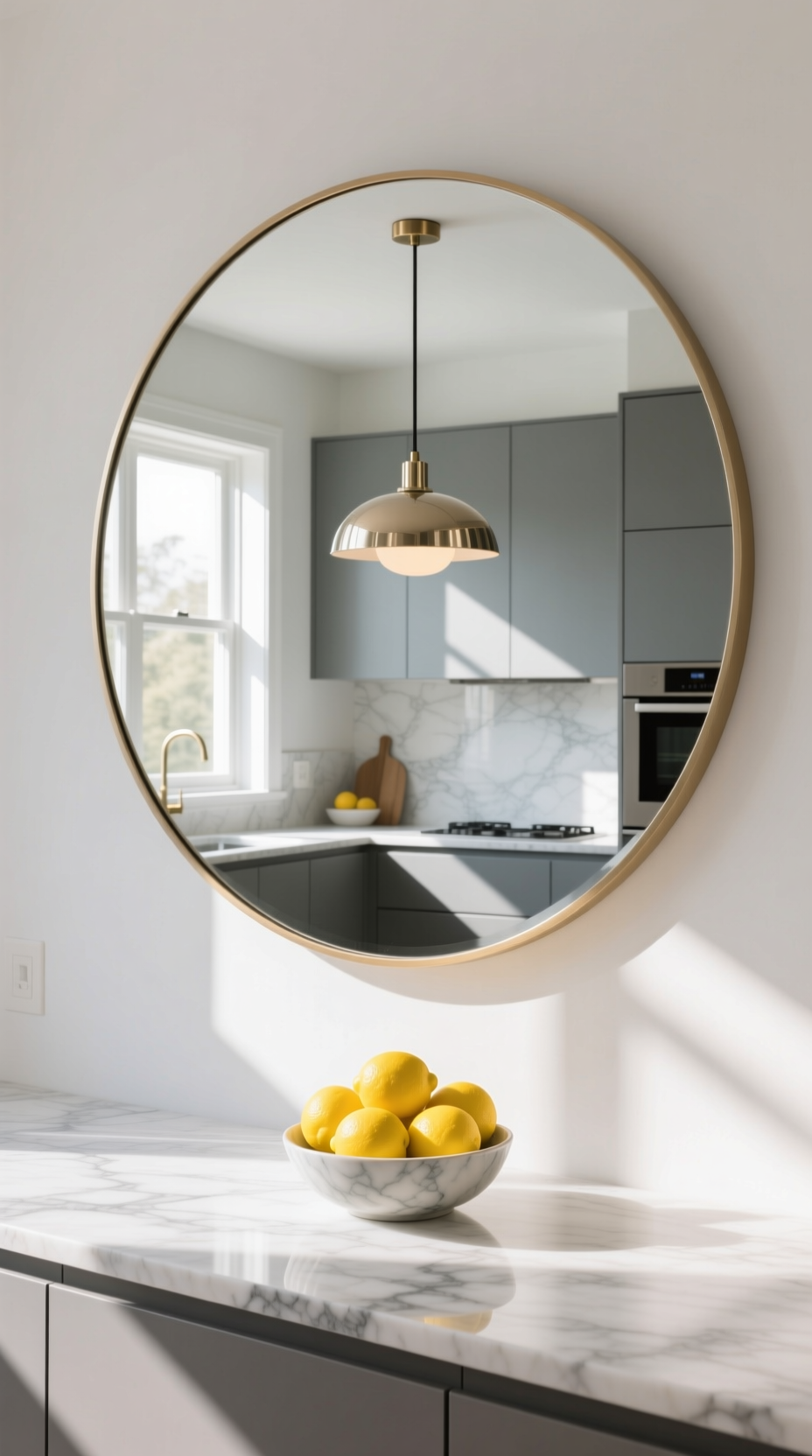 Large round frameless mirror on a white wall in a modern kitchen, reflecting light to make the small space feel brighter.