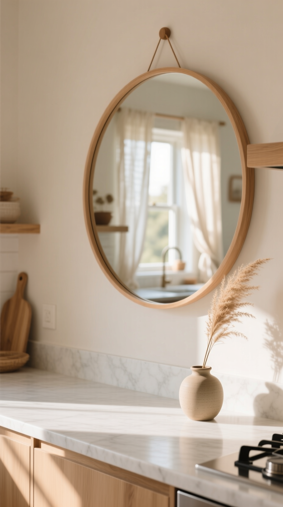 13 Genius Boho Kitchen Wall Decor Ideas You Can Style 11 Large round mirror with a natural wood frame on a light beige wall, reflecting light in a minimalist boho-style kitchen.